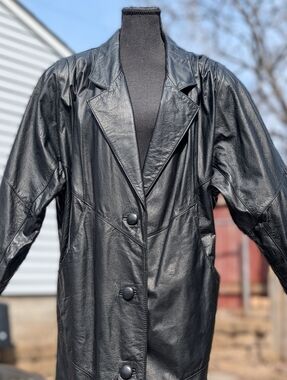 VTG Avanti Women's Long Black Leather Duster Trench Coat Made In Korea Size PM